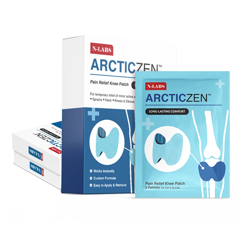Three-box ArcticZen knee patch package shown in official seller materials